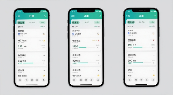 恒生活APP订单管理界面,手机屏幕显示订单列表与物流状态,背景为浅灰色,画面主体为订单卡片与进度条,体现恒生活订单追踪功能