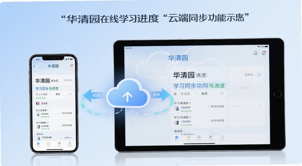 华清园在线学习进度云端同步功能示意图,画面展示一部手机和一台平板电脑并排摆放,两者屏幕上都显示相同的学习进度页面,中间有云朵图标和同步箭头连接,背景为淡蓝色渐变,整体风格简洁科技感