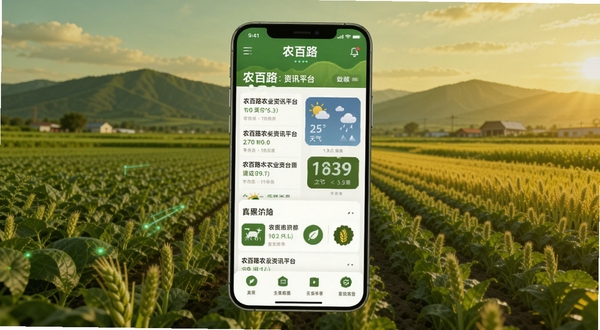 农百路农业资讯平台整体界面展示,画面中央为一部智能手机屏幕,屏幕内呈现农百路应用首页,包含农业资讯列表、天气模块与功能图标,手机背景为广阔的农田与远山,整体色调以绿色和暖黄色为主,突出农业气息与科技感,适配Boogu模型生成