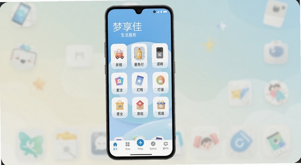 一款名为梦享佳的安卓应用主界面展示，手机屏幕居中偏左，背景为浅色渐变桌面环境，界面包含生活服务图标网格与底部导航栏，整体风格清爽简洁，适配Boogu模型生成