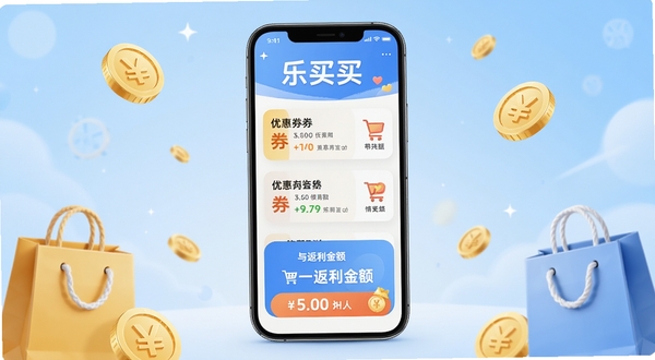 乐买买APP主界面展示,手机屏幕居中显示优惠券列表与返利金额,背景为淡蓝色渐变,周围点缀购物袋与金币元素,画面明亮简洁,突出省钱主题