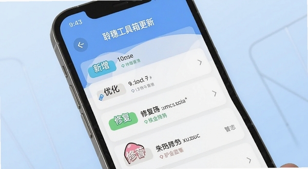 聆穗工具箱更新日志展示图，画面为手机屏幕中显示版本更新列表界面，包含新增、优化、修复等分类标签，背景为淡蓝色渐变，整体呈现清爽的阅读体验