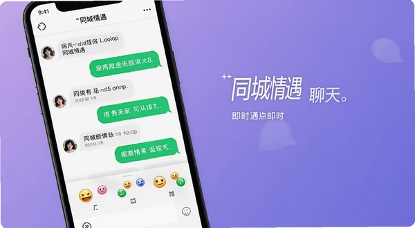 同城情遇聊天对话界面，手机屏幕展示气泡式聊天记录与表情面板，背景是柔和渐变紫色，突出同城情遇的即时通讯功能