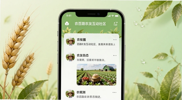 农百路农友互动社区界面预览,画面展示手机屏幕内农友圈动态列表,包含用户头像、文字内容与配图,背景为简洁的浅绿色渐变,手机周围点缀麦穗与叶片元素,整体风格清新自然,体现农业社区交流氛围,适配Boogu模型生成