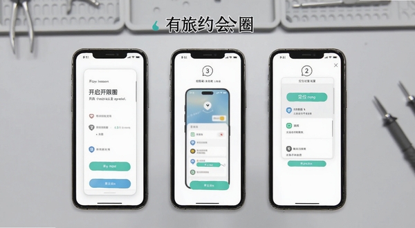 有旅约会圈 使用教程示意图，画面为手机屏幕分步展示权限开启与定位设置，背景为浅灰色工作台，风格简洁清晰