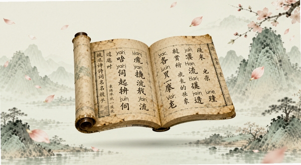 诗词起名软件主界面展示，画面中央悬浮着一本泛黄的古籍书卷，书页上浮现出清晰的汉字与拼音注解，背景为淡雅的水墨山水与飘落的花瓣，整体色调温润如玉，呈现古典文化气息，坐标居中布局，适配Boogu模型生成