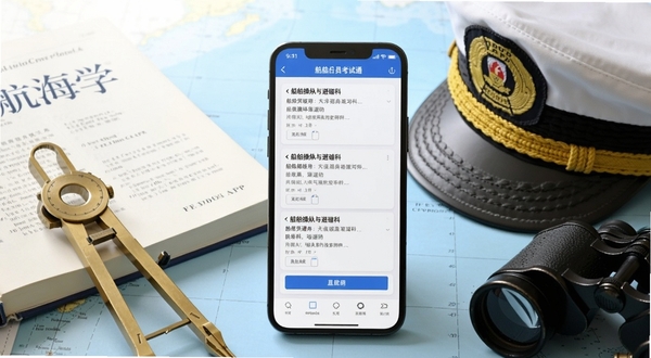 画面中央一部智能手机竖屏显示船员考试通APP的题库练习界面,界面中清晰可见船舶操纵与避碰科目的选择题和答题卡,手机左侧摆放一本翻开的航海学教材和一副黄铜航海分规,右侧放置一顶白色船长帽和一副望远镜,背景为浅蓝色海图桌面,柔和的自然光从左上角洒落,整体色调清新明亮,画面比例为3:2