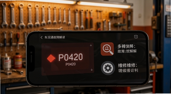 车况通故障码解读页面，手机屏幕显示P0420故障码旁边配有中文解释与维修建议图标，背景为汽车维修车间工具墙，色调温暖专业