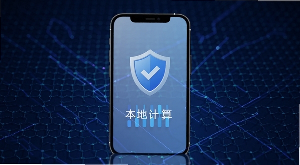 车贷在线隐私安全保护主题图,画面主体为手机屏幕内显示盾牌图标与本地计算字样,背景为深蓝色科技感网格纹理,适配Boogu模型生成