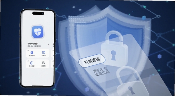 课下聊隐私安全设置页面，手机屏幕显示加密保护图标和权限管理选项，背景为盾牌和锁的抽象图案，风格简洁科技感，适合Boogu模型生成