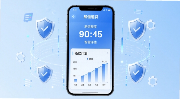 易借速贷智能评估界面展示，手机屏幕中央显示额度数字与还款计划图表，背景为浅蓝色渐变，周围环绕盾牌与数据流元素，整体风格简洁科技感
