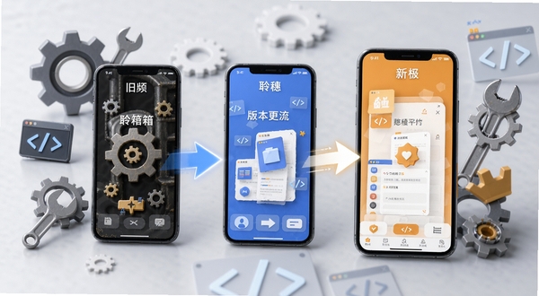 聆穗工具箱版本更新概念图，画面展示手机屏幕中软件界面从旧版本到新版本的过渡动画效果，周围环绕齿轮、扳手、代码符号等维护元素，背景为浅灰色商务风格