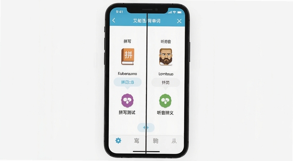 艾宾浩斯背单词多种记忆模式切换界面，手机屏幕分屏显示拼写测试和听音辨义两个功能模块，背景为纯白色，图标色彩鲜明，布局清晰，体现学习方式的多样性