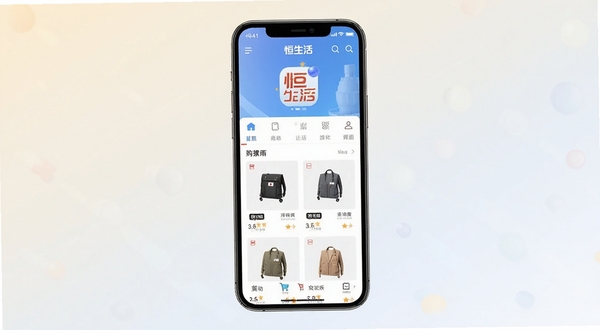 恒生活APP主界面展示,手机屏幕居中放置,背景为浅色渐变,画面主体为购物商城首页与商品列表,整体风格简洁明亮,突出恒生活品牌标识