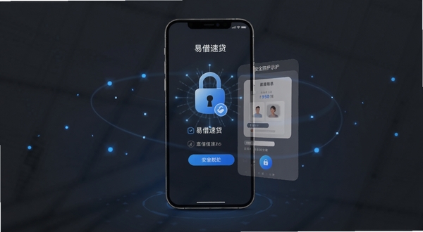 易借速贷隐私安全防护示意图，手机屏幕显示加密锁图标与用户信息脱敏界面，背景为深灰色调，点缀蓝色光点，突出安全与科技氛围