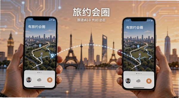 有旅约会圈 旅途场景智能匹配功能展示，画面中两位用户手机屏幕显示相同旅行路线，中间用虚线连接，背景为城市地标剪影，风格科技感与温馨感结合