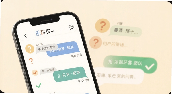 乐买买用户问答场景图,手机屏幕显示问答对话气泡,背景为柔和米色,画面中有问号与对勾图标,风格亲切自然