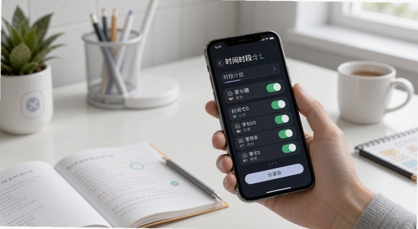 家长糖 远程时段管理功能展示图，画面中一只手拿着手机正在设置时间计划表，手机屏幕显示清晰的时段开关界面，背景为书桌与学习用品，风格简洁现代