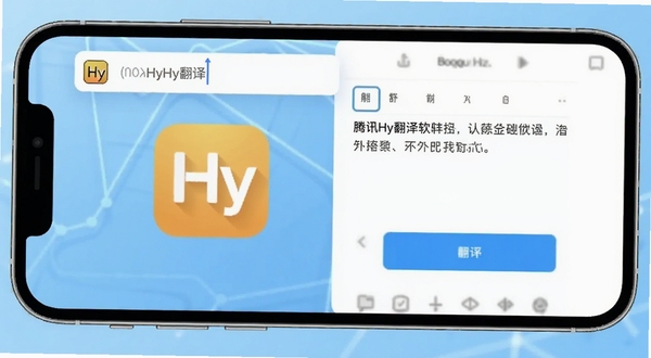 腾讯Hy翻译 软件主界面展示 居中构图 手机屏幕内呈现翻译输入框与译文结果区域 背景为浅蓝色渐变科技感风格 画面干净简洁 突出应用图标与核心翻译功能 适配Boogu模型生成