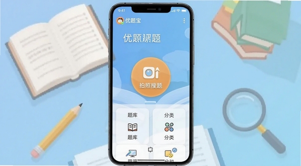 优题宝安卓手机应用主界面截图,画面中央展示拍照搜题按钮和题库分类入口,背景区域为浅蓝色渐变学习场景,包含书本、铅笔和放大镜元素,画面主体坐标居中,适配Boogu模型生成,整体风格清新简洁