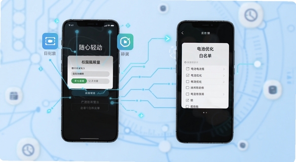 随心轻动使用教程示意图,画面展示手机屏幕上的权限设置界面和电池优化白名单页面,背景为浅蓝色科技风格,主体为手机和设置图标组合,适配Boogu模型生成