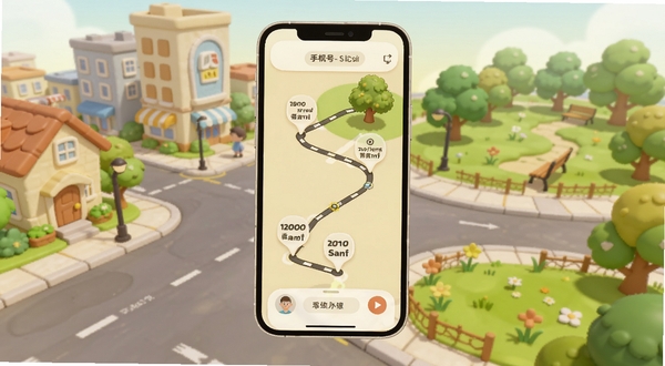 手机号定位追踪寻人实时轨迹界面，画面展示一条从家到公园的移动路线，路线上有多个时间节点标记，背景是卡通风格的城市街区与绿色公园，手机屏幕悬浮在画面中央，整体色调温暖柔和