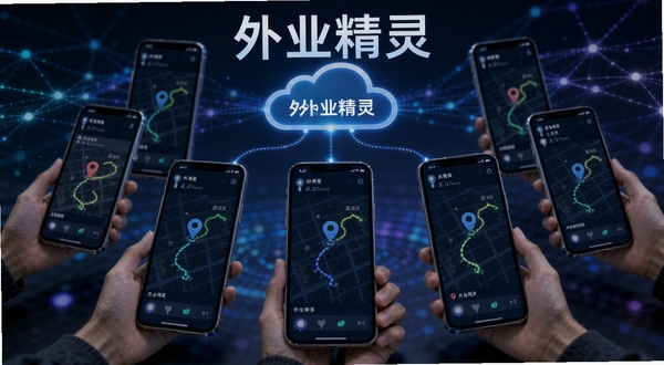 外业精灵 团队协作数据共享示意图,画面展示多台手机设备通过云端连接,屏幕上显示点位与轨迹数据同步,背景为抽象的网络连接线条,整体风格科技感十足,软件名称外业精灵在画面中醒目可见