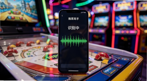 推币高手用户问答场景展示,手机屏幕显示节奏识别成功界面,绿色波形稳定,屏幕上有“识别中”提示,手机放置在推币机操作台上,背景为电玩城环境,有彩色灯光与推币机轮廓,画面风格清晰明快,突出推币高手应用名称