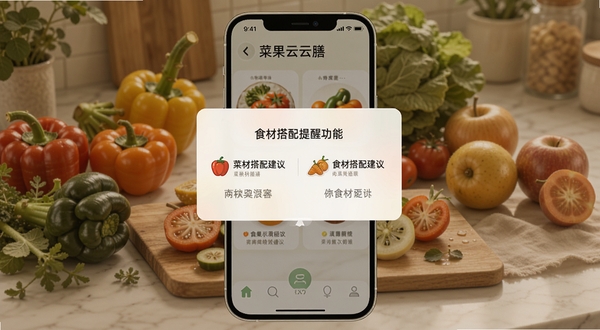 菜果云膳食材搭配提醒功能界面，手机屏幕弹出温馨提示框，显示两种食材搭配建议，背景是厨房台面上摆放的多种新鲜蔬菜和水果，色调温暖自然，突出健康饮食场景
