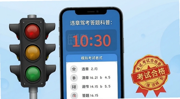违章驾考答题科普 模拟考试界面，手机屏幕显示倒计时与答题卡，旁边有交通信号灯和考试合格印章元素，背景为浅蓝色渐变，突出考试氛围