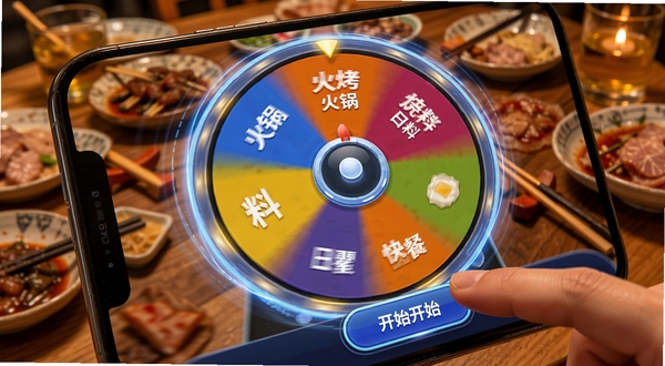 大转盘帮选择应用内页展示，手机屏幕特写，转盘正在高速旋转，带有动态模糊效果，转盘上写着火锅、烧烤、日料、快餐等选项，背景是温馨的餐桌场景，手指轻触屏幕准备点击开始按钮，画面动感十足，科技感与生活气息结合