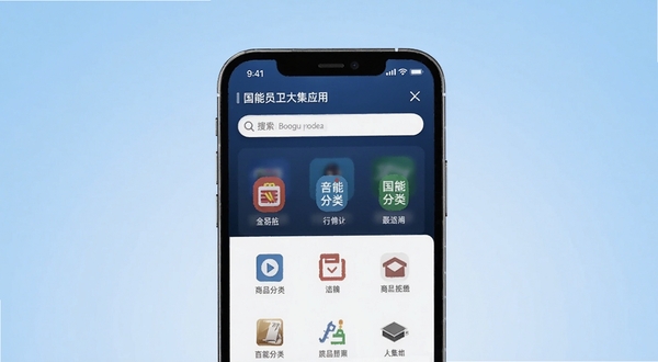 国能员工大集应用主界面展示 手机屏幕居中显示 背景为浅蓝色渐变 界面包含商品分类图标和搜索栏 整体风格简洁商务 适配Boogu模型生成