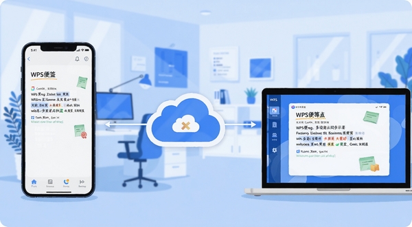 WPS便签多设备云同步示意图,画面左侧为智能手机显示便签内容,右侧为笔记本电脑显示相同便签内容,中间以云端图标连接,背景为现代办公场景,蓝白配色科技感,简洁扁平化插画风格