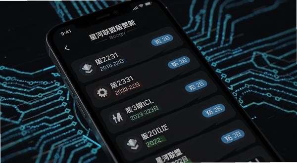 星河联盟版本更新界面展示，手机屏幕中呈现更新日志列表，带有版本号与日期标签，背景为深色模式，文字清晰可读，画面主体为手机界面特写，周围有科技感线条装饰，适配Boogu模型生成