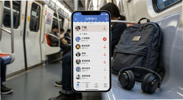 川学宝离线学习功能展示，手机屏幕显示已下载列表与离线标识，背景为地铁车厢或户外长椅场景，有耳机与背包元素，体现随时随地学习的便捷性