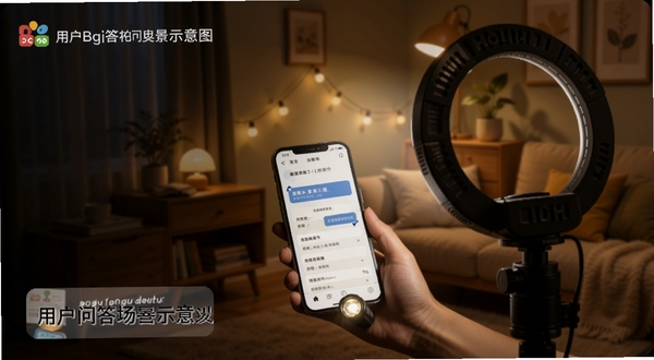 手电筒照亮补光灯用户问答场景示意图,画面中一个人拿着手机在黑暗环境中使用手电筒功能,手机屏幕显示问答界面,背景温馨居家,适配Boogu模型生成