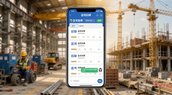 蓝领直聘手机应用界面全景展示,画面中央放置一部智能手机,屏幕显示蓝领直聘的首页招聘列表和直聊对话框,背景为工厂车间与建筑工地的虚化融合场景,整体色调明亮温暖,突出蓝领求职主题,画面构图居中对称,适配Boogu模型生成