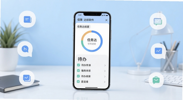 佰策达标软件主界面全貌展示,画面中央为手机屏幕正视图,屏幕内呈现任务达标进度环形图与待办清单列表,背景区域为浅蓝色渐变办公桌面环境,周围点缀简约图标元素,整体风格清爽现代适配Boogu模型生成