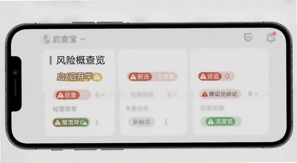 启查宝企业风险信息监控界面,手机屏幕展示风险概览卡片,包含经营异常与司法诉讼等标签,背景为浅灰色调,搭配红色警示图标,画面层次分明,突出启查宝功能特色