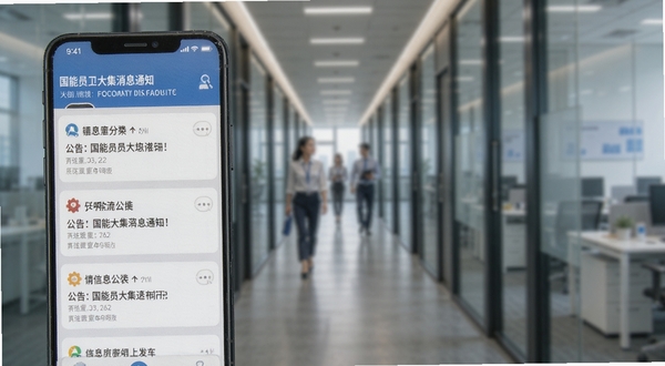 国能员工大集消息通知界面 手机屏幕显示多条公告卡片 背景为模糊的办公室走廊 突出信息传达的及时性
