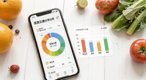 菜果云膳营养分析图表界面，手机屏幕显示彩色环形图和柱状图，展示蛋白质、脂肪、碳水化合物的摄入比例，旁边有新鲜水果和蔬菜作为装饰，背景为干净的白色桌面，光线明亮柔和
