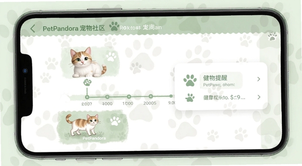 PetPandora宠物社区 宠物档案界面 显示猫咪成长时间轴 电子名片 健康提醒弹窗 手机应用截图 柔和绿色调 背景有宠物爪印水印