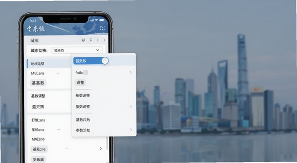 电子税务社保计算软件中的城市切换下拉菜单与参数设置界面，画面主体展示手机屏幕上的城市列表与基数调整滑块，背景区域为虚化的城市天际线轮廓，色调以蓝灰渐变为主，体现地域适配与参数灵活性