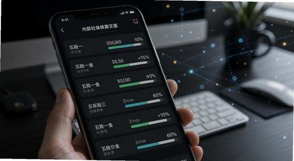 电子税务社保计算软件内部社保核算页面特写，画面主体为手机屏幕显示五险一金分项列表，每一项后面带有金额与百分比进度条，背景区域为深色模式下的办公桌环境，有淡淡的数字光影浮动，突出科技感与数据严谨性