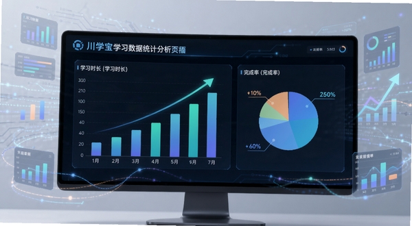 川学宝学习数据统计分析页面，屏幕中显示柱状图与饼图，标注学习时长与完成率，背景为科技感浅灰调，有数据线条与图表元素环绕，突出数据分析与进步轨迹
