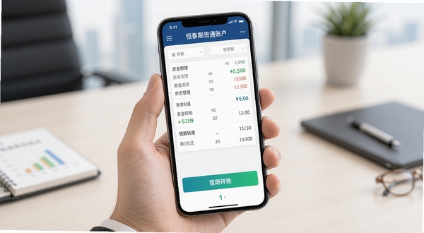 恒泰期货通账户资金管理界面,手机屏幕显示资金流水与银期转账功能入口,背景为浅色商务风格,突出安全便捷的理财体验