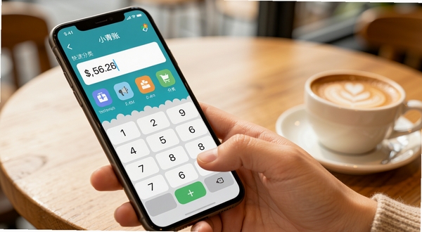 小青账极速记账功能展示图，画面中一只手拿着手机，拇指正点击屏幕上的数字键盘，屏幕上方显示金额输入框和分类图标，背景是虚化的咖啡厅桌面，整体色调温暖明亮，突出便捷快速的记账体验