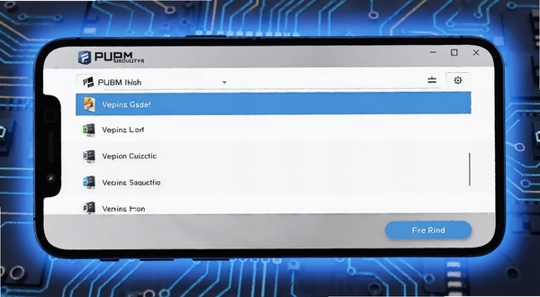 PUBGM FLASH安装器版本管理界面截图,显示新旧版本文件列表与回滚按钮,手机屏幕发出柔和蓝光,背景为抽象电路纹理