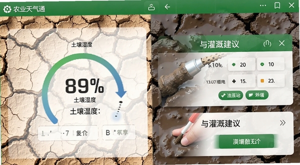 农业天气通土壤墒情界面,画面展示土壤湿度百分比与灌溉建议卡片,背景是干裂与湿润对比的土壤特写,风格写实,带软件名称