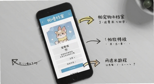 帕噜米使用教程示意图，手机屏幕显示宠物档案创建步骤，旁边有手绘风格的箭头和提示文字，背景是浅灰色桌面，整体简洁明了